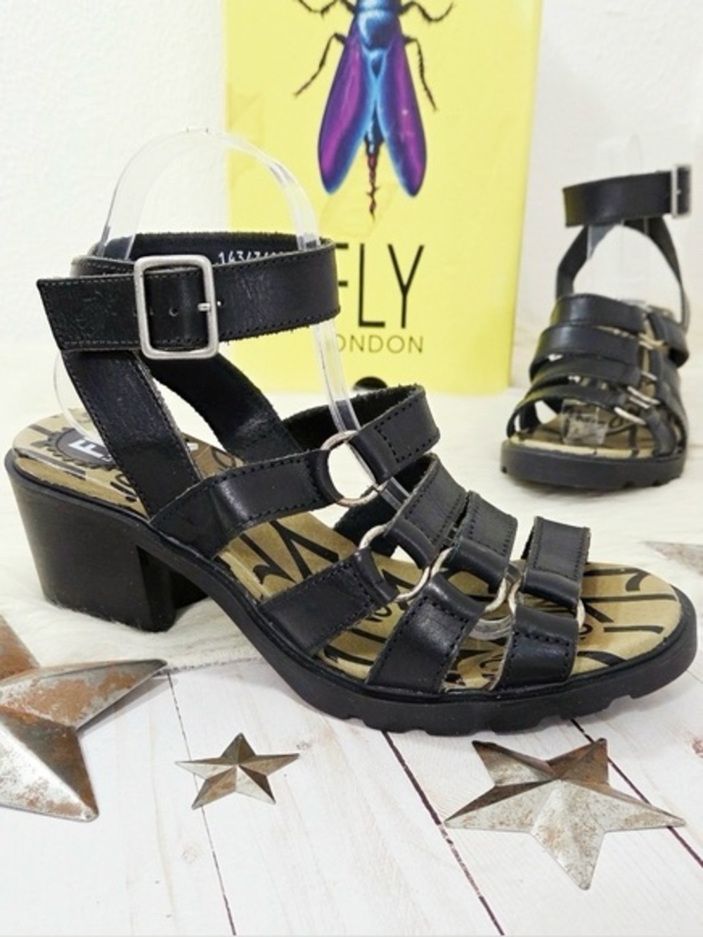 Fly London Coha black leather strappy heeled ankle wrap sandals size 40